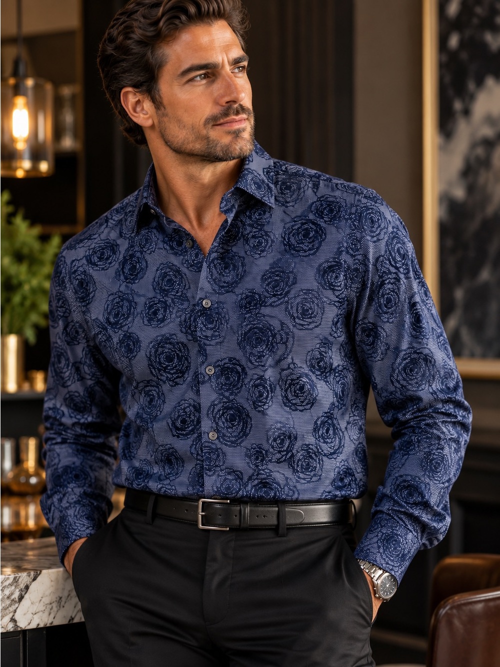 Visconti Black Blue Velvet Floral Button Down Shirt XL